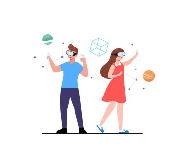 Modern sanatçı, VR simülasyon gözlüklü 3D model heykel yaptı. Sanal gerçeklik gözlüğü takan erkek ve kadın üç boyutlu sanat eseri yaratıyor. Üç boyutlu tasarım için sanal gerçeklik teknolojisi. VR kulaklık kullanan kişi boyası.