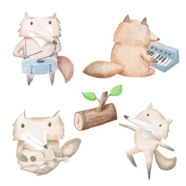 Bu suluboya hayvanlar kümesi 4 tür hayvan, tilki ve kurttan oluşur..