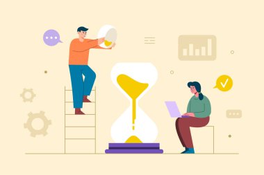 Ofis içi iş yerinde çalışan büyük izole bir çalışan. Düz vektör çizimi, başarıya tezahürat, yeni düşünme, problem çözme, iş teması.