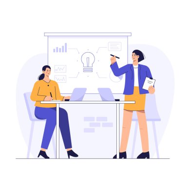 Yönetim, toplantı odasında çalışanların optimizasyonu için bir çalışma planı sunuyor. vektör çizimi düz tasarım