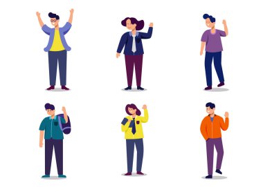 Farklı jestleri olan, izole edilmiş düz vektör illüstrasyonlu çizgi film karakterleri.