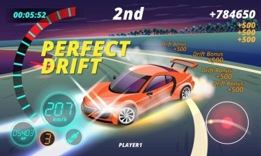 Burnout araba, maç için spor araba sürükleniyor, sokak yarışı, yarış takımı, turbo şarj aleti, akort. 3d biçim tasarımında vektör illüstrasyonu