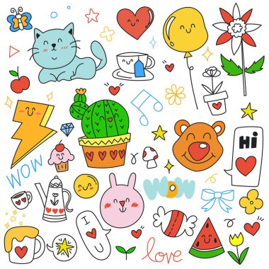 Kutlama, doğum günü ve dekorasyon temasına elle çizilmiş nesneler ve semboller. Vektör illüstrasyonu.