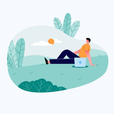 Genç adam doğa parkında dizüstü bilgisayar kullanıyor, çizgi film karakteri, vektör çizimi