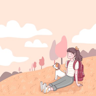 Yolculuk sırasında köpeğiyle çayırda oturan mutlu genç gezgin, çizgi film karakteri düz vektör çizimi