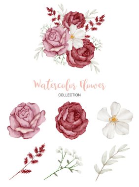 Ayrı parçalardan oluşan bir set ve beyaz zemin üzerinde sulu renk şeklinde güzel bir buket çiçek, düz vektör illüstrasyonunu bir araya getir