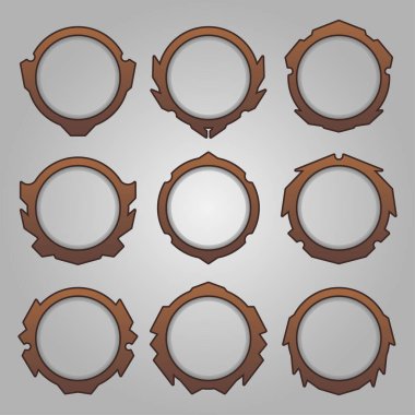 İzometrik oyun ögeleri için simgeler ayarlandı, soyut düz oyun konsepti için Wood avatar çerçevelerinin renkli izole vektör çizimi