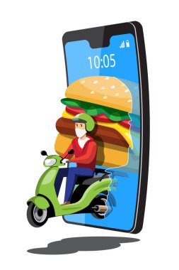 Büyük izole edilmiş renkli motosiklet vektörü simgeleri, GPS izleme yerinden geçen motosikletlerle yapılan düz çizimler. Teslimat bisikleti, hamburger ve yemek teslimatı, acil teslimat, online dağıtım.