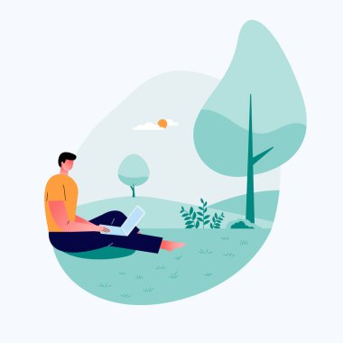 Serbest çalışan rahat bir adam açık alanda oturuyordu. Dizüstü bilgisayarda iyi doğal yerlerle çalışmak. Uzaktan kumanda. düz vektör çizimi.