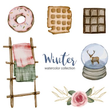 Donut, waffle, çikolata, kar küresi simli ren geyiği ve vektör resimli suluboya koleksiyonu.