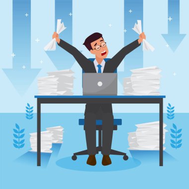 Mutlu, büyük, izole edilmiş şirket adamı, Vison & mission ve kutlama, liderlik ve kariyer gelişimi konsepti, düz vektör çizimi, yakışıklı iş adamı olarak görevini yerine getirdi..