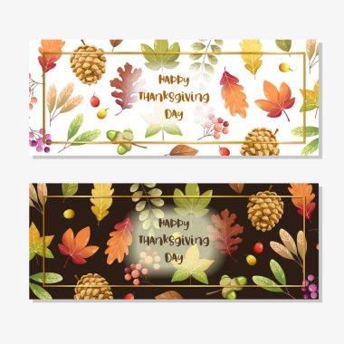 Mutlu Şükran Günü kartları ya da ceviz, balkabağı ve akçaağaç yapraklı el ilanları.
