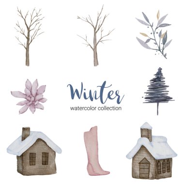 Ev kullanımı için ögelerle birlikte kış suluboya koleksiyonu.