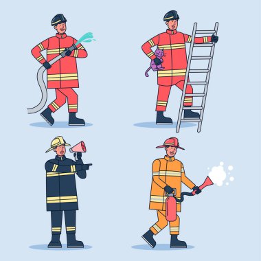 Yangın söndürücü, hortum, merdiven, balta, yangın söndürücü gibi ekipmanlarla çeşitli yerlerde itfaiyeciler savaşıyor. Vektör illüstrasyon düz dekoru