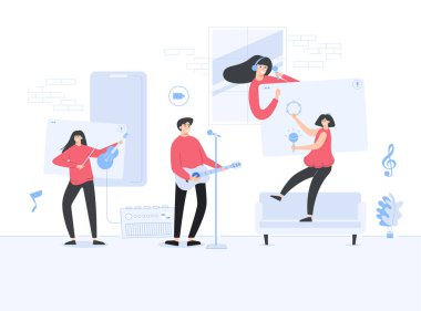 Müzisyenlerin internet şablonu, cep telefonu, iniş sayfası, şablon, UI, web, mobil uygulama, poster, afiş, düz vektör illüstrasyonu için karikatür tarzı ekran şablonu üzerinde çalışıyoruz