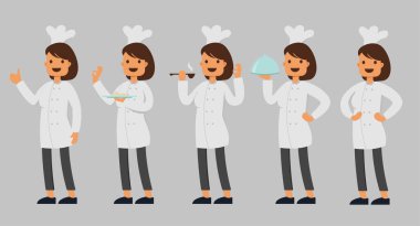 Karikatür karakteri, vektör illüstrasyon aktivitesi 3 ile farklı pozlarda genç kadın aşçı seti