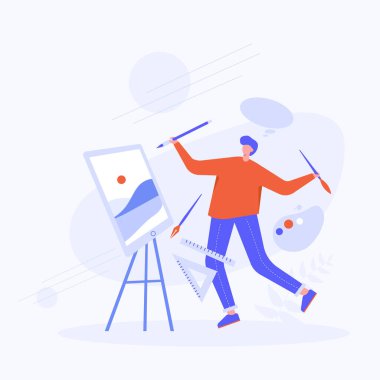 Sanatçı dışarıdaki manzarayı resmetmek için seyahat etti. O, tuvalde güzel resimler yaratmak için hayal gücünü kullanır. vektör çizimi düz tasarım