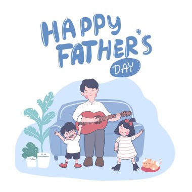 Babalar Günü 'nüz kutlu olsun. Babalar Günü' nde gitar çalıp kızlarıyla şarkı söylemek aşk her zaman harikadır. Vektör çizgi film düz illüstrasyon
