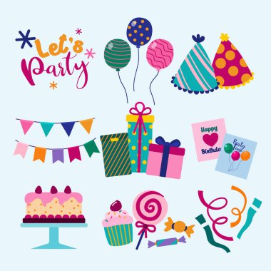 Tasarım posteri, davetiye kartı, broşür, kutlama karikatürü çizimi için parti sözcüğü ve öge değeri 