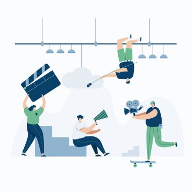 Cep telefonu, iniş sayfası, şablon, UI, web, mobil uygulama, poster, afiş, düz vektör illüstrasyonu için video grafikeri, çizgi film tarzı Screen web şablonu ile çalışıyor