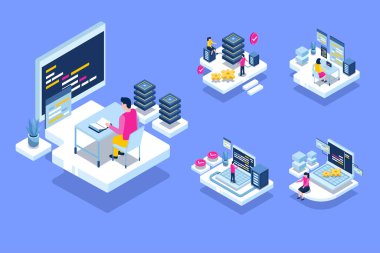 Sunucu bilgisayarına ev sahipliği yapan veri merkezi odasında çalışan yetkililer, iş için bilgi hizmetleri, izometrik konsept vektör illüstrasyonunu sağlarlar