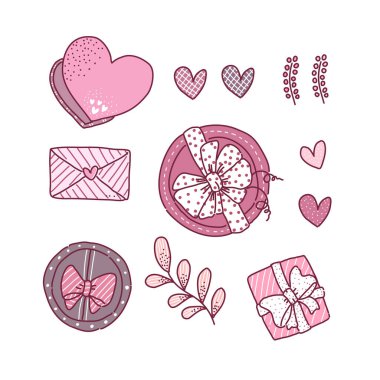 Sevgililer Günü davetiye kartları ve sayfa dekorasyonu için Düz Vektör illüstrasyonu, Sevgililer Günü konseptinde belirlenmiş büyük izole edilmiş aşk unsurları koleksiyonu