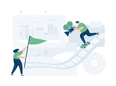 Cep telefonu, iniş sayfası, şablon, UI, web, mobil uygulama, poster, afiş, düz vektör illüstrasyonu için video grafikeri, çizgi film tarzı Screen web şablonu ile çalışıyor