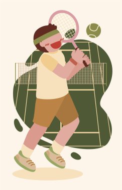 Bir tenis oyuncusu tenis raketini iki elinde tutar ve tenis topuna vurmak için sallanır. Sporcu bir topun uçuşunu gözleriyle takip eder. Vektör düz tasarımı