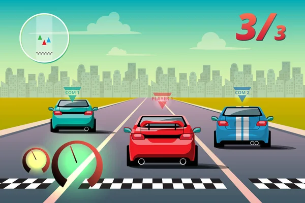 Competencia Juegos Continuar Jugador Utiliza Coche Alta Velocidad Para Ganar — Vector de stock