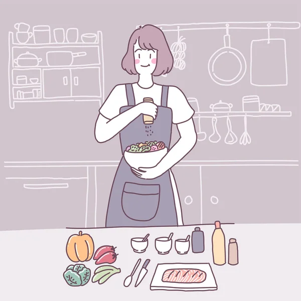 Illustration Vectorielle Plat Avec Une Fille Qui Cuisine Dans Cuisine — Image vectorielle