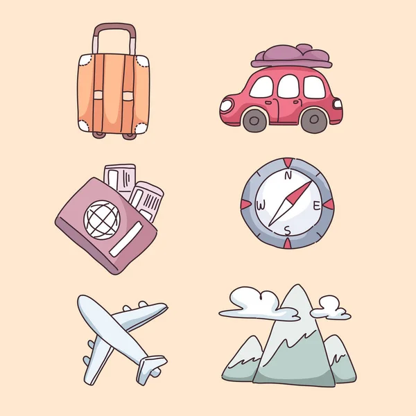 Items Travel Cartoon Character Flat Vector Illustration Cream Color Background — Stock Vector