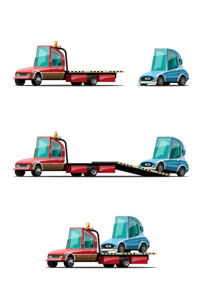 Towing Car Trucking Vehicle Transportation Towage Help Road Cartoon Style — Stock Vector