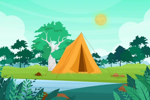 Nature Nature Aventure Camping Illustration Vectorielle Cartoon Camp Touristique Plat — Image vectorielle