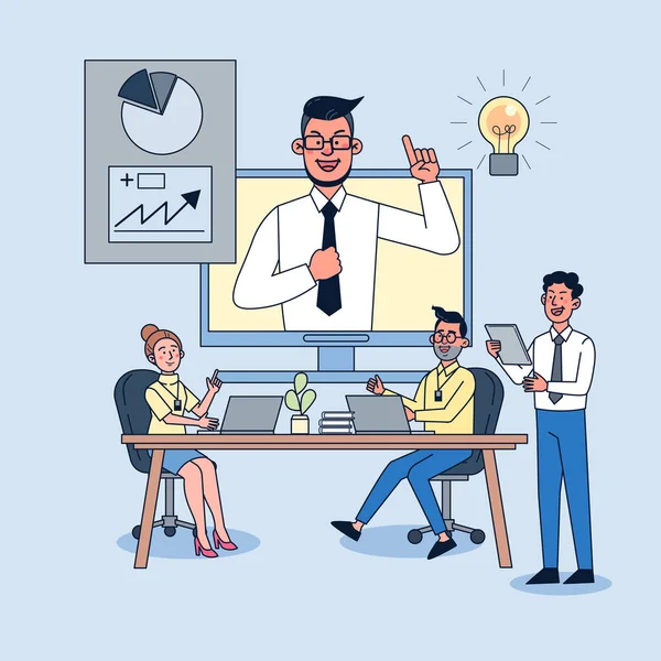 Ceos Show Employees Increase Operating Results Video Conferencing Flat Illustration — Stock Vector