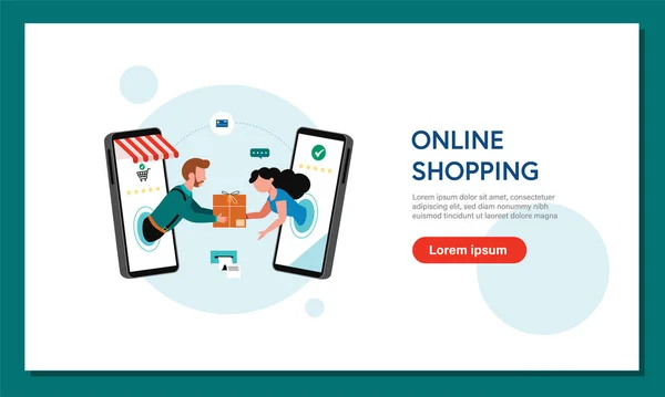 Banner Compras Line Modelos Aplicativos Móveis Conceito Design Plano — Vetor de Stock