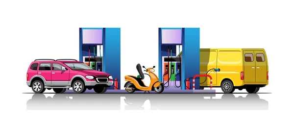 Auto Und Motorrad Tanken Der Tankstelle Vektor Illustration — Stockvektor