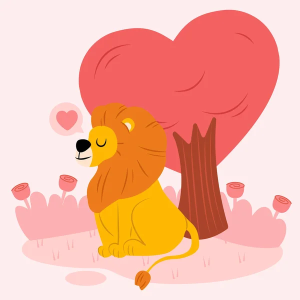 Happy Lion Isolated White Background Sitting Love Tree Reluxe Vector — Stock Vector