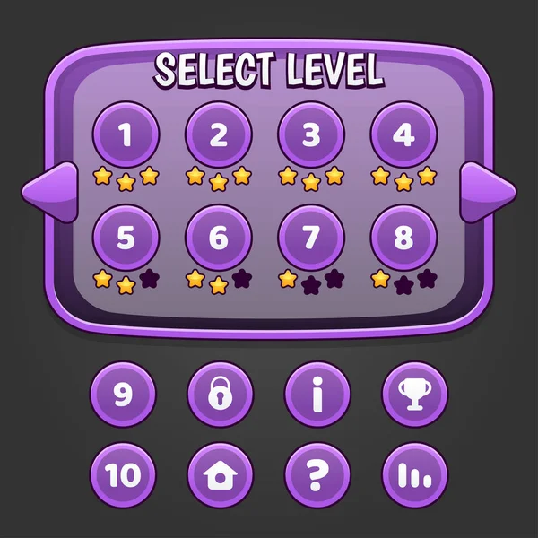 紫色の背景に星 マスターキーとストラットボタンを含むレベルの選択画面とゲームユーザーインターフェイス ベクトルイラスト — ストックベクタ
