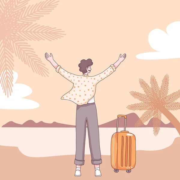 Back View Young Man Happy Travel Island Standing Raised Two — Stock Vector