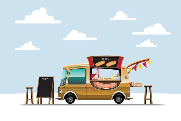 Camion Alimentaire Sur Côté Avec Menu Hotdog Chaise Bois Bannière — Image vectorielle