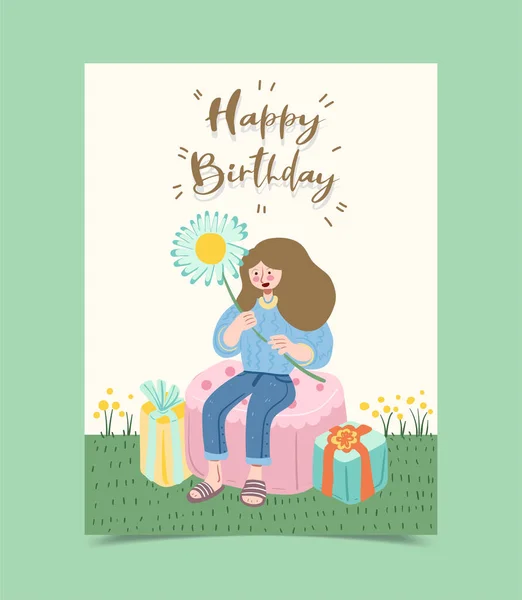 Feliz Aniversário Cartão Decorado Com Menina Caixa Presente — Vetor de Stock