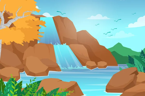 瀑布在山脉 岩石和水 池塘和湖泊 天空有云和鸟 自然景观 卡通平面矢量插图风格 — 图库矢量图片