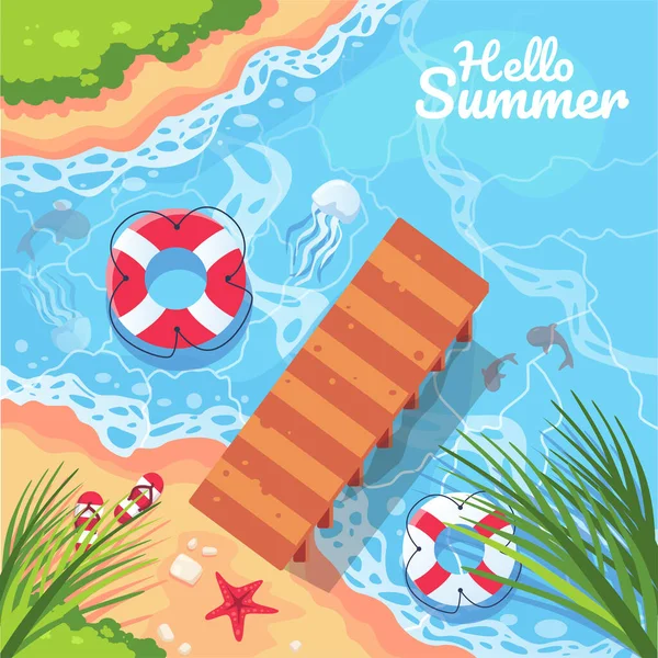 Hello Summer Aerial View Bridge Jutting Sea Water Clear You — Stock Vector