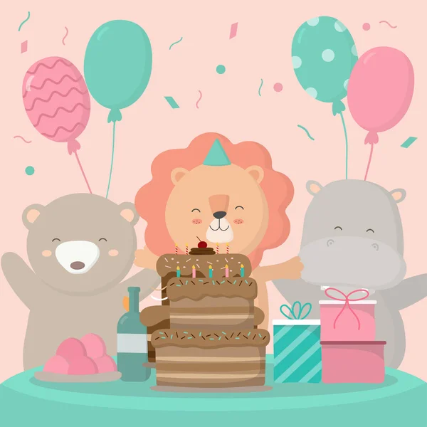 Leão Urso Hipopótamo Têm Festa Aniversário Casa Decoração Festa Aniversário — Vetor de Stock