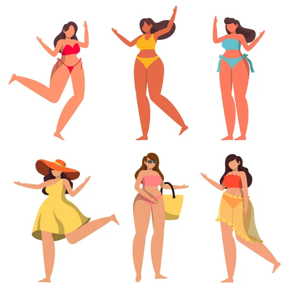 Paquet Personnages Féminins Maillot Bain Pose Avec Des Actifs Dans — Image vectorielle