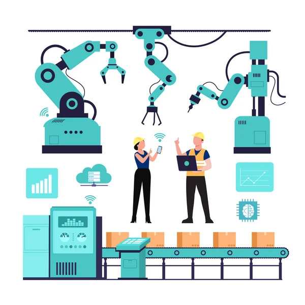 Sanayi 4.0 afişi, programcı ve robot kollu. Fabrika sürecinde akıllı endüstriyel devrim, izole edilmiş düz vektör çizimi