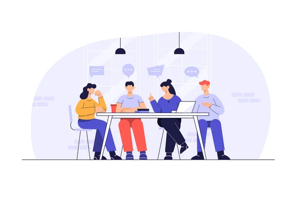 İş konsepti çizgi film tarzı. Ofis işyerinde çalışan bir çalışan. Şirketteki işlerinden bahsediyorlar. düz çizim vektör tasarımı