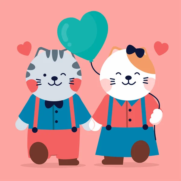 Valentine Celebration Doodle Two Cats Couple Heart Shape Walking Road — Stock Vector