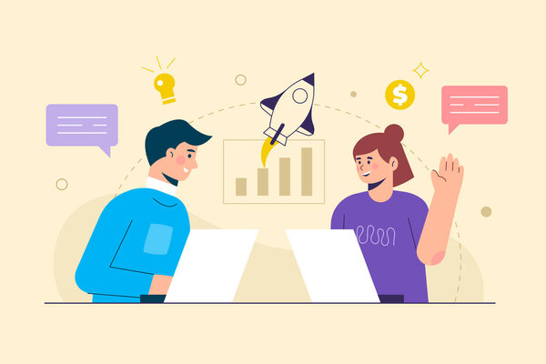 Концепция роста бизнеса и векторная иллюстрация карьерного роста бизнесмена, работающего с увеличением графика. Обсуждение с членом команды. для уровня mext.