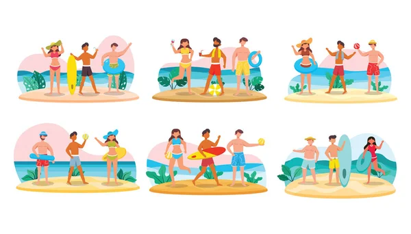 Pakiet Męskich Postaci Strojach Kąpielowych Pozach Aktywami Plaży Wektor Ilustracja — Wektor stockowy